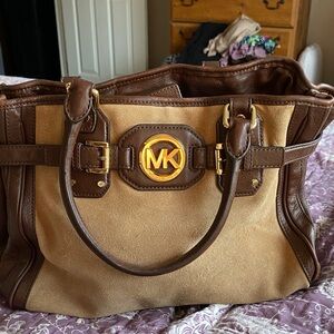 Michael Kors Gold Accent Tan and Brown Satchel with cross body strap.